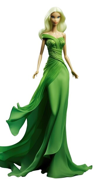 Uma modelo de vestido verde com uma faixa verde.