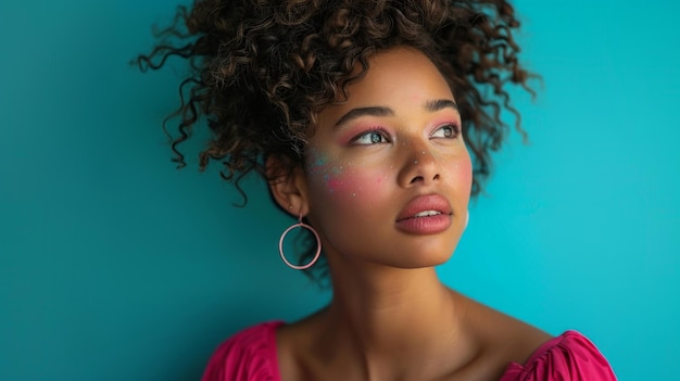 Uma modelo em um vestido magenta contra um fundo ciano