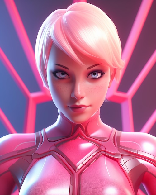 uma modelo feminina com uma roupa rosa e uma luz neon rosa.