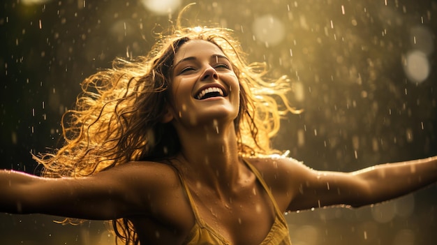 Uma modelo feminina em um vestido amarelo se divertindo dançando sob a chuva