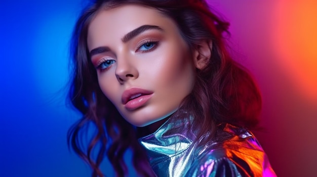 Uma modelo morena está posando em um estúdio sob luzes de néon coloridas e vibrantes Generative AI, uma maquiagem radiante atual feminina deslumbrante e lábios prateados brilhantes