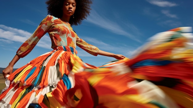 Uma modelo preta de moda de Paris posando em um vestido colorido