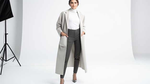 uma modelo usa um casaco longo com uma camisa branca e calças pretas.