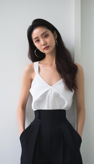uma modelo usa um top branco com uma saia preta e um top branco.