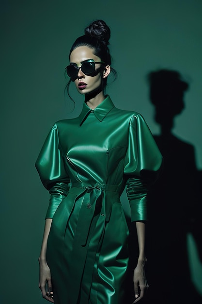 Uma modelo usa um vestido verde com um laço verde no pescoço.