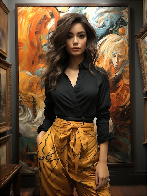 Foto uma modelo usa uma saia dourada com um top preto e um top preto.