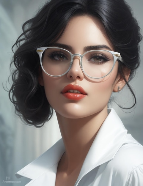 uma modelo usando óculos com lábios vermelhos e uma camisa branca com lábios vermelhos.
