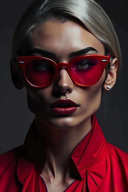 Uma modelo usando óculos vermelhos com armação vermelha e um rosto que diz "