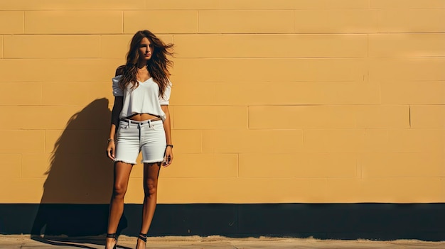 uma modelo veste top branco e shorts com camisa branca que diz moda.