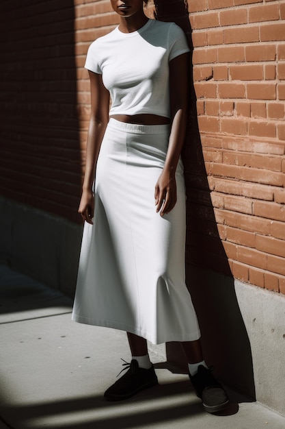 Uma modelo veste um top branco e uma saia da nova coleção.