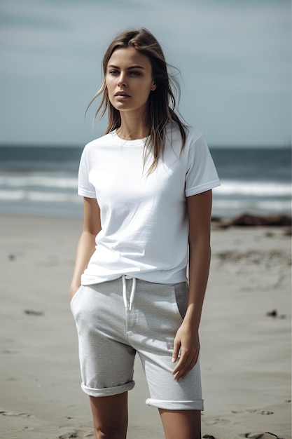Uma modelo veste uma camiseta branca e calça cinza na praia.