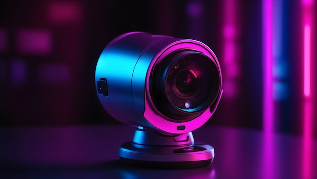 Foto uma moderna câmera de segurança azul portátil iluminada por luz neon contra uma superfície texturizada escura