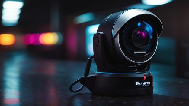 Uma moderna câmera de segurança portátil iluminada por luz neon contra uma superfície texturizada escura