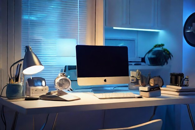 Uma moderna sala de escritório para freelancers ou empresários repleta de gadgets de tecnologia de última geração Monitor