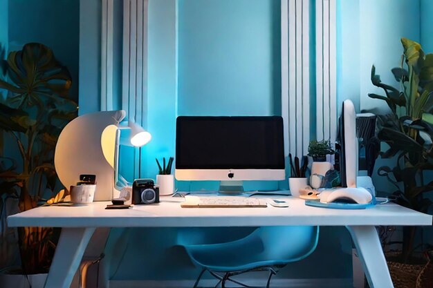 Uma moderna sala de escritório para freelancers ou empresários repleta de gadgets de tecnologia de última geração Monitor