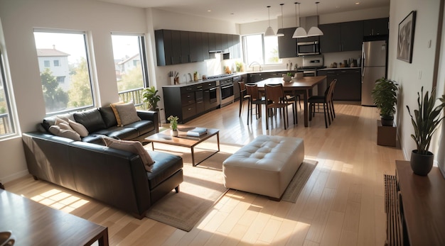 Uma moderna sala de estar e design de interiores de cozinha