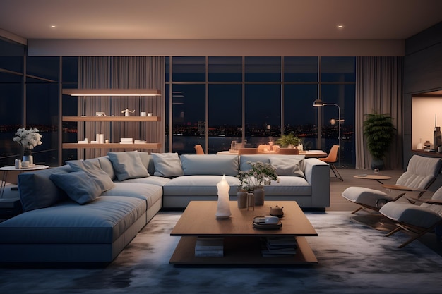 uma moderna sala de estar em transição do dia para a noite com iluminação variável
