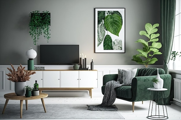 Uma moderna sala de estar escandinava com uma TV um armário de banheiro uma folha em um vaso um travesseiro macio