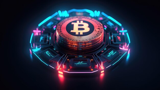 Uma moeda bitcoin iluminada