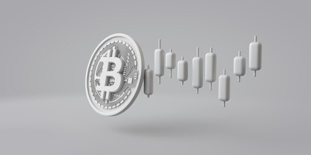 Uma moeda de criptomoeda bitcoin branca com renderização do gráfico de negociação do mercado de ações d