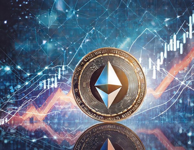 Foto uma moeda ethereum com logotipo em forma de diamante em fundo dinâmico de um gráfico de crescimento financeiro