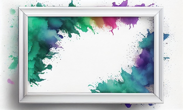 Uma moldura branca com respingos de tinta colorida sobre o fundo aquarela