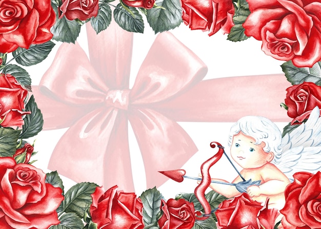 Uma moldura com rosas vermelhas e um cupido e um laço vermelho Ilustração em aquarela desenhada à mão e folhetos