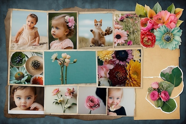 uma moldura com uma foto de uma menina e uma flor