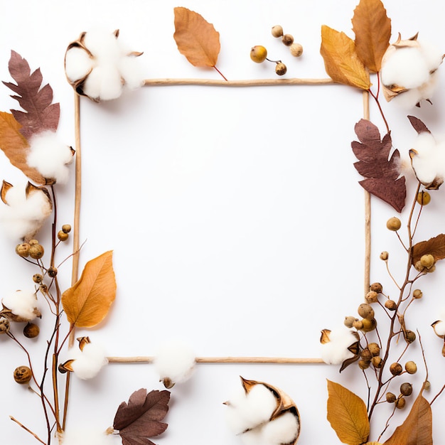 uma moldura de flores de algodão um fundo branco