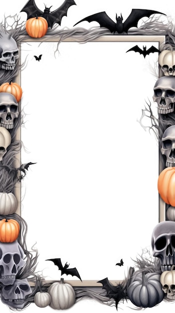 Uma moldura de Halloween com caveiras e abóboras Moldura de imagem digital com espaço de cópia