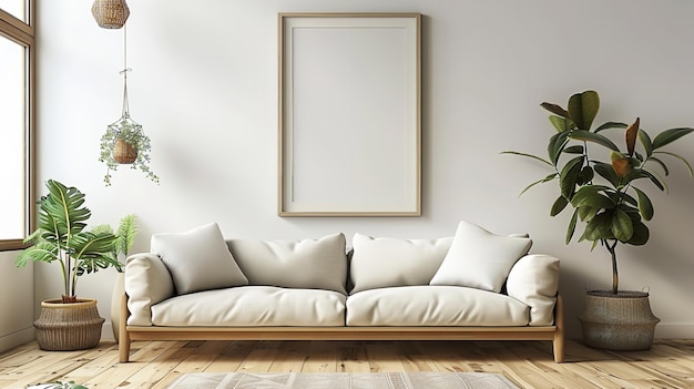 uma moldura de imagem está pendurada na parede acima de um sofá