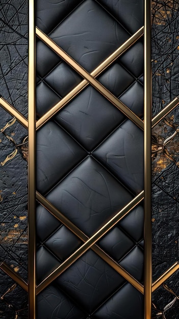 Uma moldura de metal preto e dourado é adornada com um padrão de couro acolchado criando um impressionante