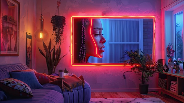 Uma moldura de neon inteligente exibindo arte digital e memórias