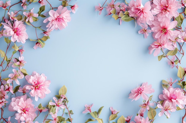 uma moldura de papelão com flores rosa em um fundo azul claro