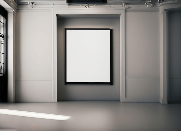 Uma moldura em branco está em uma parede branca em uma sala.