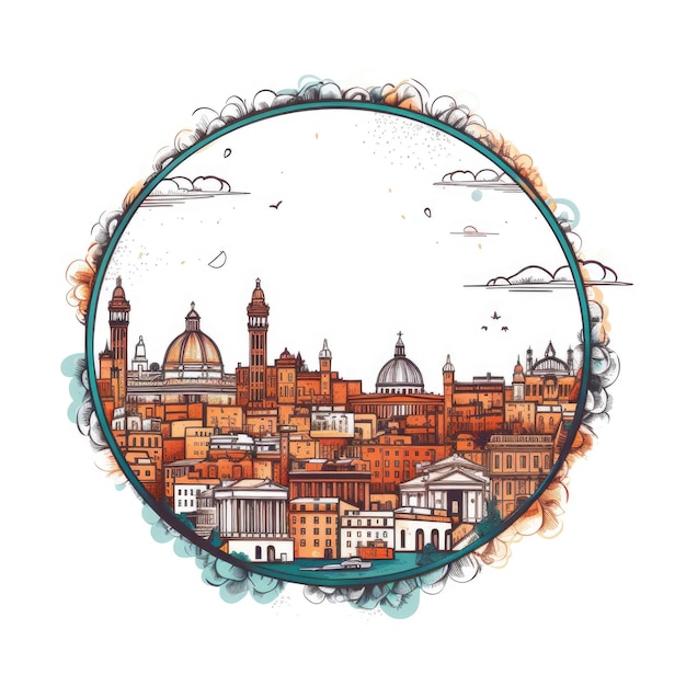 Uma moldura em forma de círculo com espaço central do horizonte da cidade de Roma em estilo de desenho animado simples e colorido, lindo Generative AI AIG32