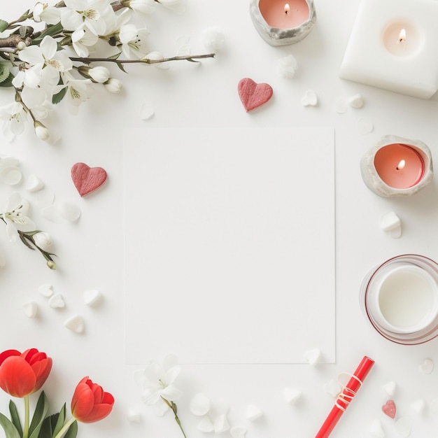 Foto uma moldura em forma de coração com um bando de flores e velas em uma mesa branca