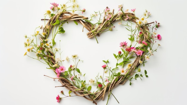 Foto uma moldura em forma de coração de plantas de vime adornadas com flores vibrantes contra um fundo branco limpo amplo espaço para texto perfeito para mensagens românticas anúncios de casamento ou saudações