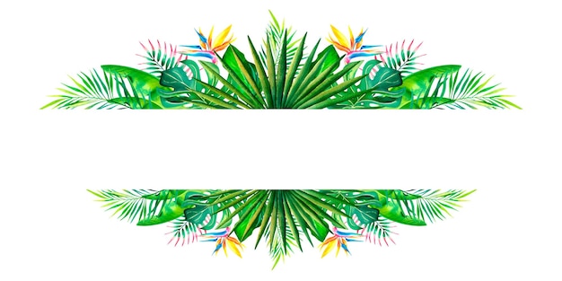 Uma moldura feita de plantas tropicais Banner Monstera ramo de palmeira strelitzia folhas de bananeira Ilustração em aquarela