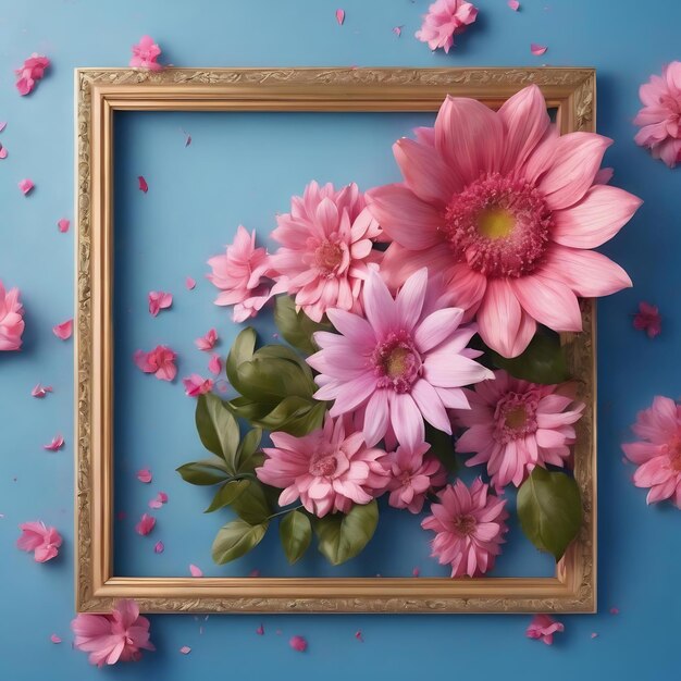 Foto uma moldura floral com um fundo azul e rosa