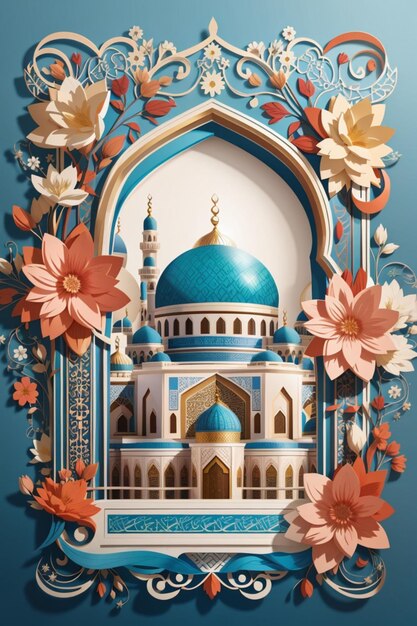 Uma moldura mostrando a arquitetura islâmica adornada com flores coloridas