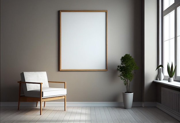 uma moldura na parede e uma cadeira com uma cadeira branca e um banco de madeira.