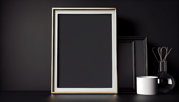 Uma moldura preta com moldura dourada fica em uma prateleira ao lado de uma caixa branca.