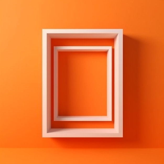 Uma moldura quadrada branca em uma parede laranja com a palavra cubo.