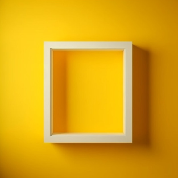 Uma moldura quadrada branca fica sobre um fundo amarelo.