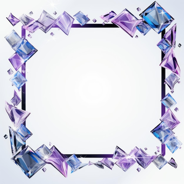 uma moldura quadrada com cristais roxos e azuis