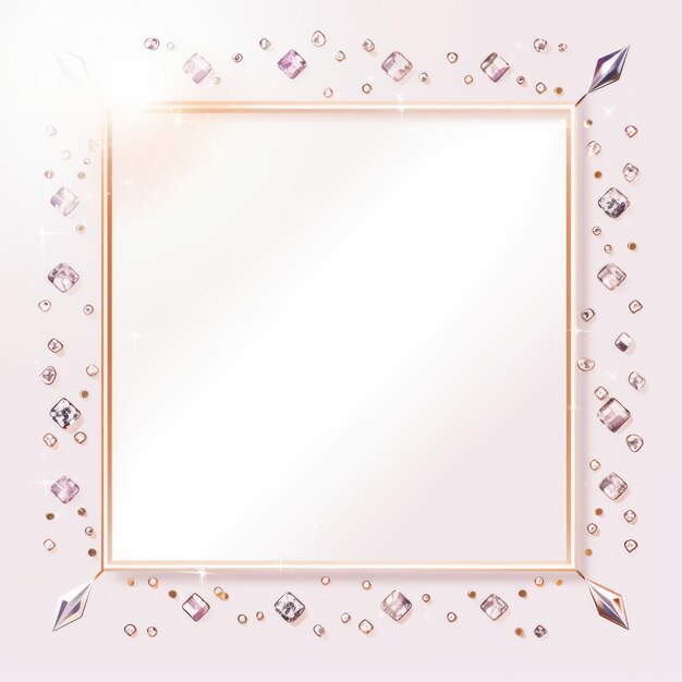 Uma moldura quadrada com diamantes e cristais em um fundo rosa