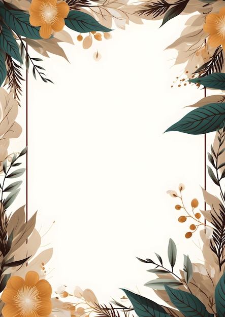 uma moldura quadrada com flores e folhas em um fundo branco Resumo fundo de folhagem marrom com