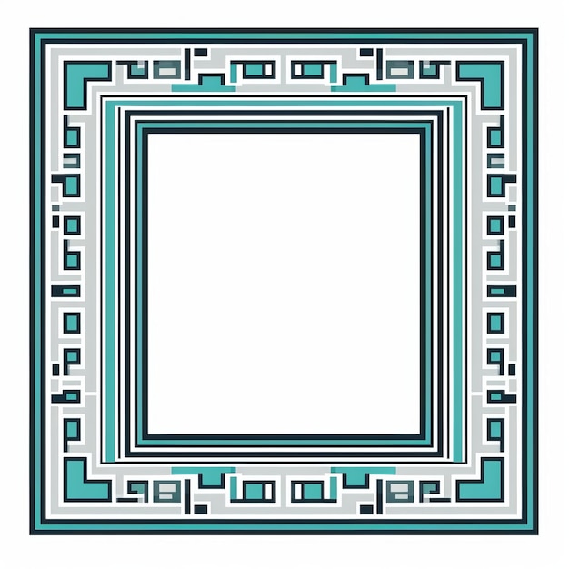 Uma moldura quadrada com um padrão geométrico em turquesa e branco