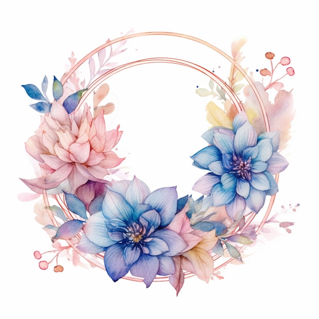Uma moldura redonda com flores azuis e rosa.